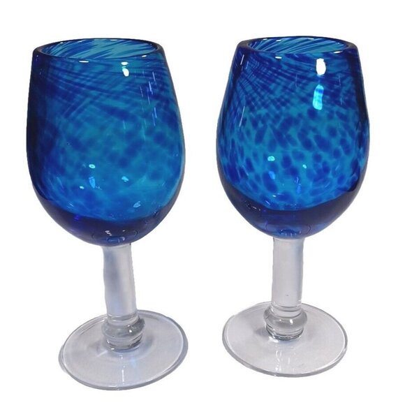 Handblown Thick Art Glass Cobalt Blue Confetti Wine Water Goblets Set of 2 8.5" - Picture 4 of 6